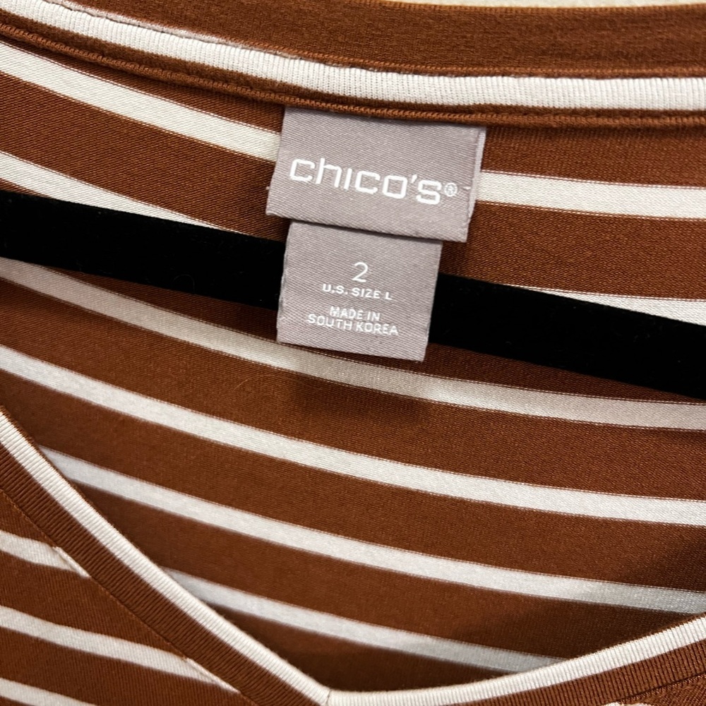Chico's Brown and White Striped V-Neck Long Sleeve Tee - Picture 2 of 5